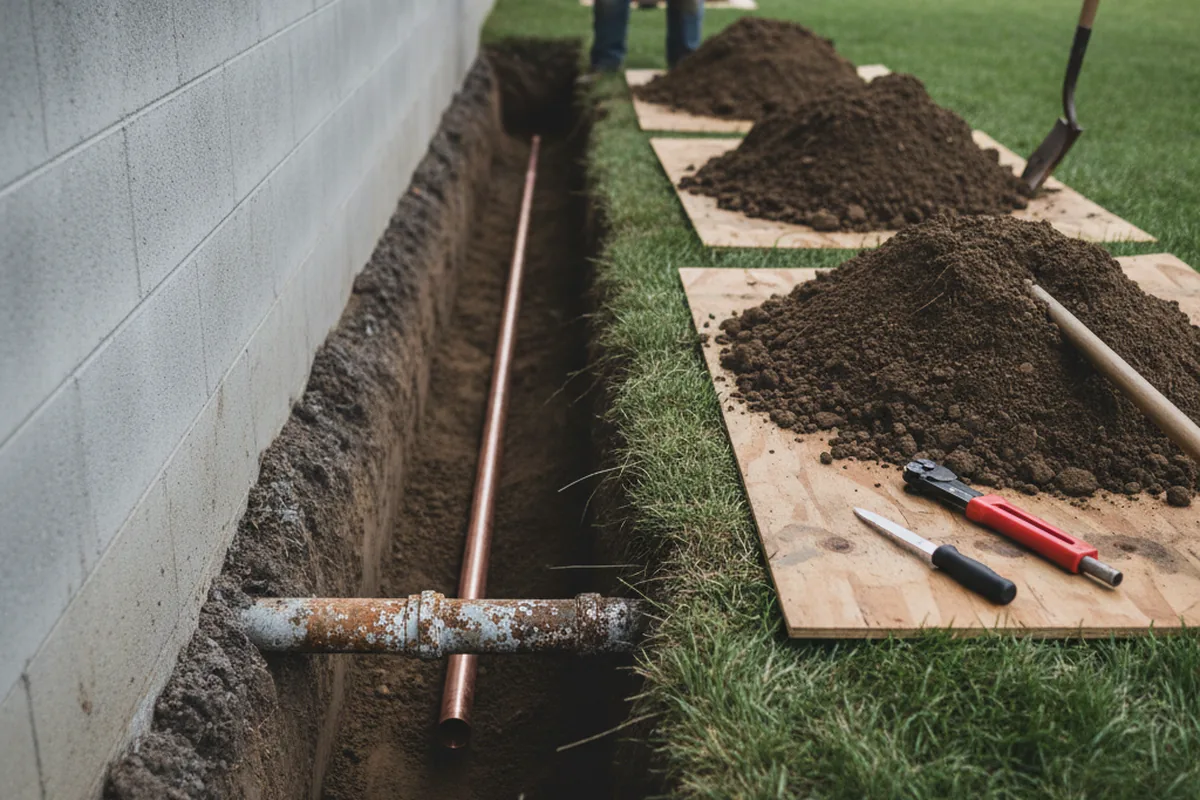 Excavated water line trench during Sewer Line Repair in East Machias